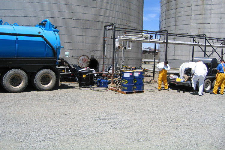 Changing into industrial clothing for a decontamination project that involves hazardous waste